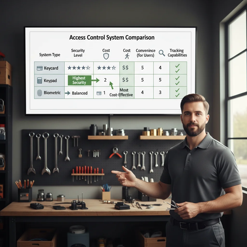 An infographic comparing keycard, keypad, and biometric access control systems by security level, cost, convenience, and tracking features.