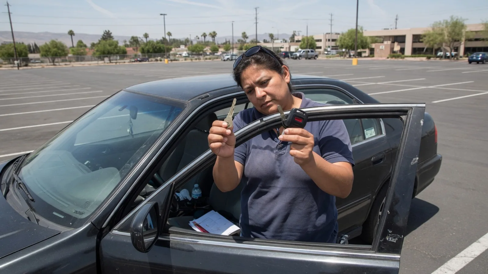 Driver comparing a metal car key and a transponder head key beside a dark sedan