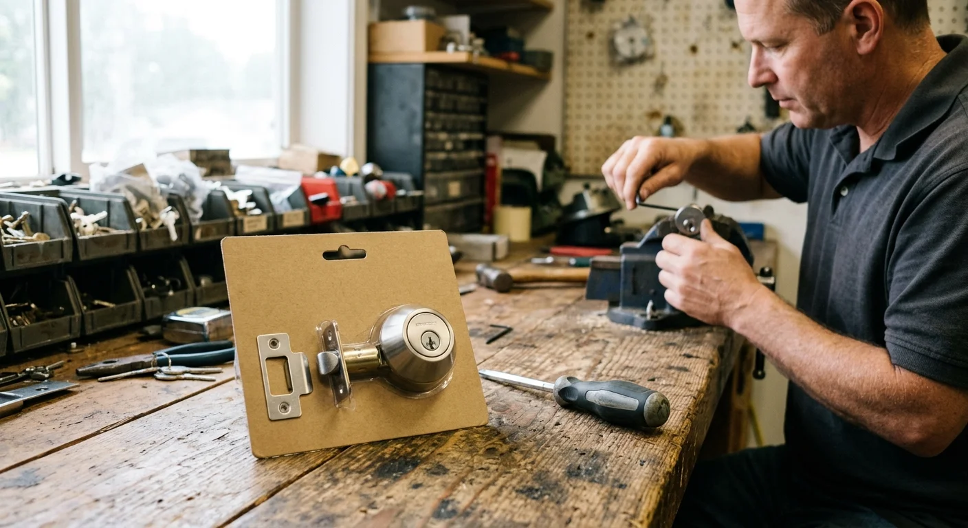 New deadbolt package and screwdriver on a workbench