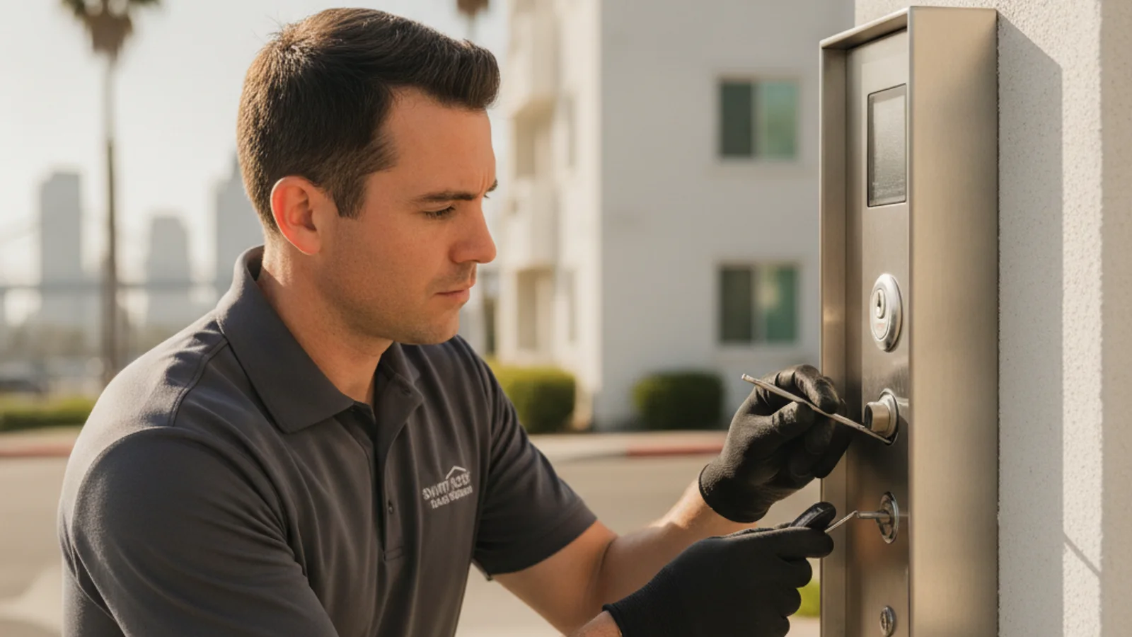 A residential apartment complex gate with an RFID fob reader panel in San Diego.