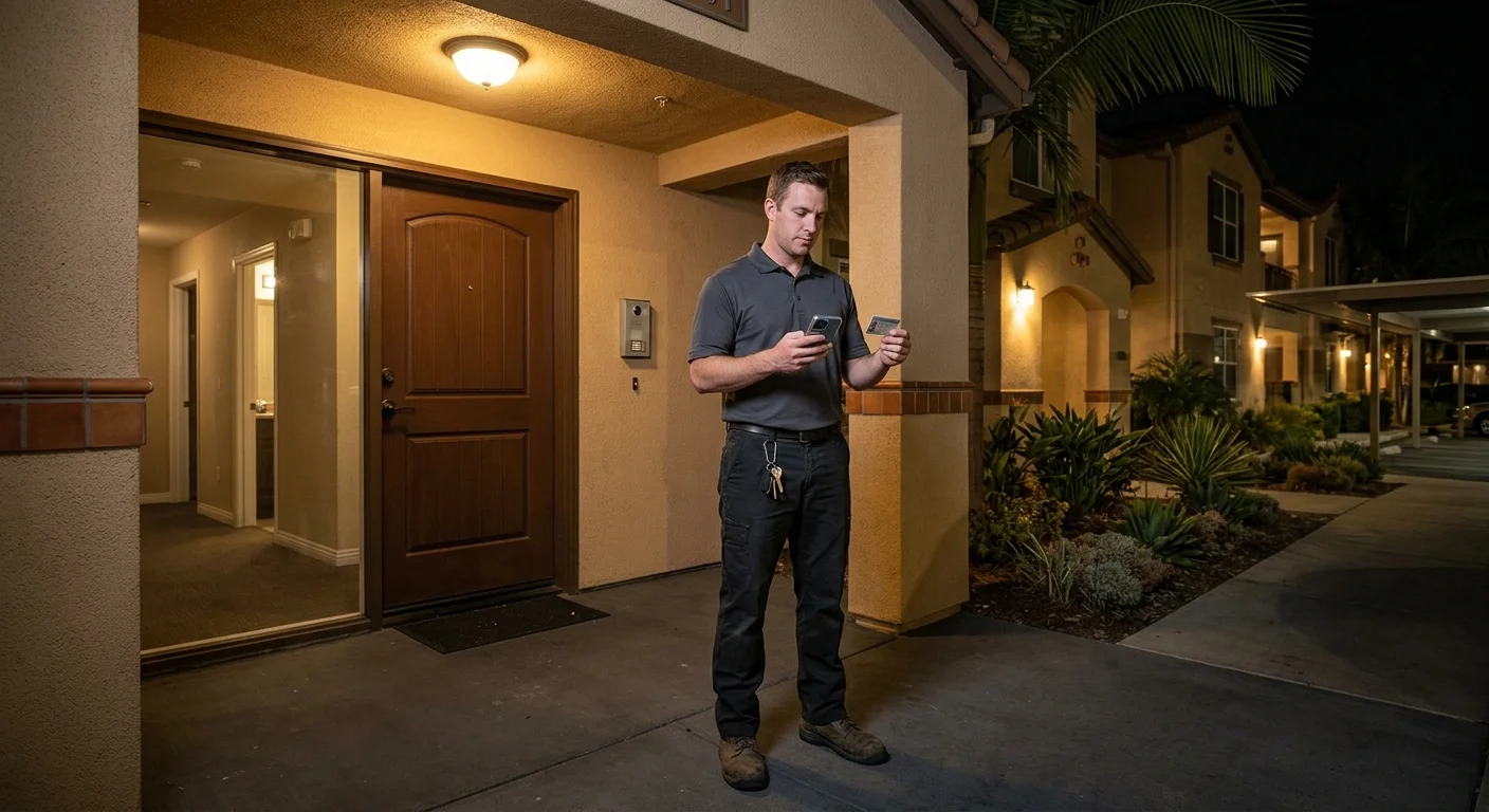 Renter outside a San Diego apartment at night with phone and ID
