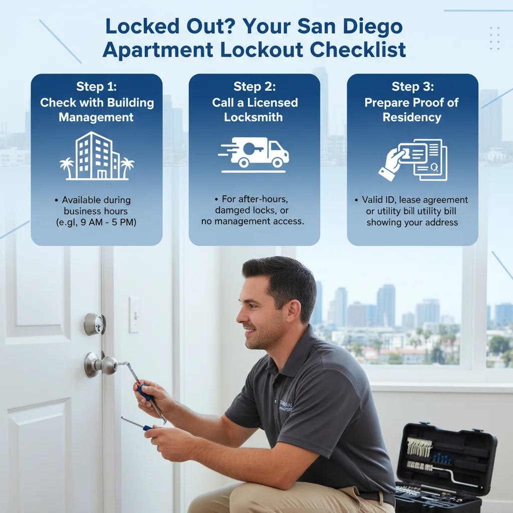 Infographic illustrating the three key steps when locked out of an apartment: contact building management, call a professional locksmith, and prepare proof of residency.