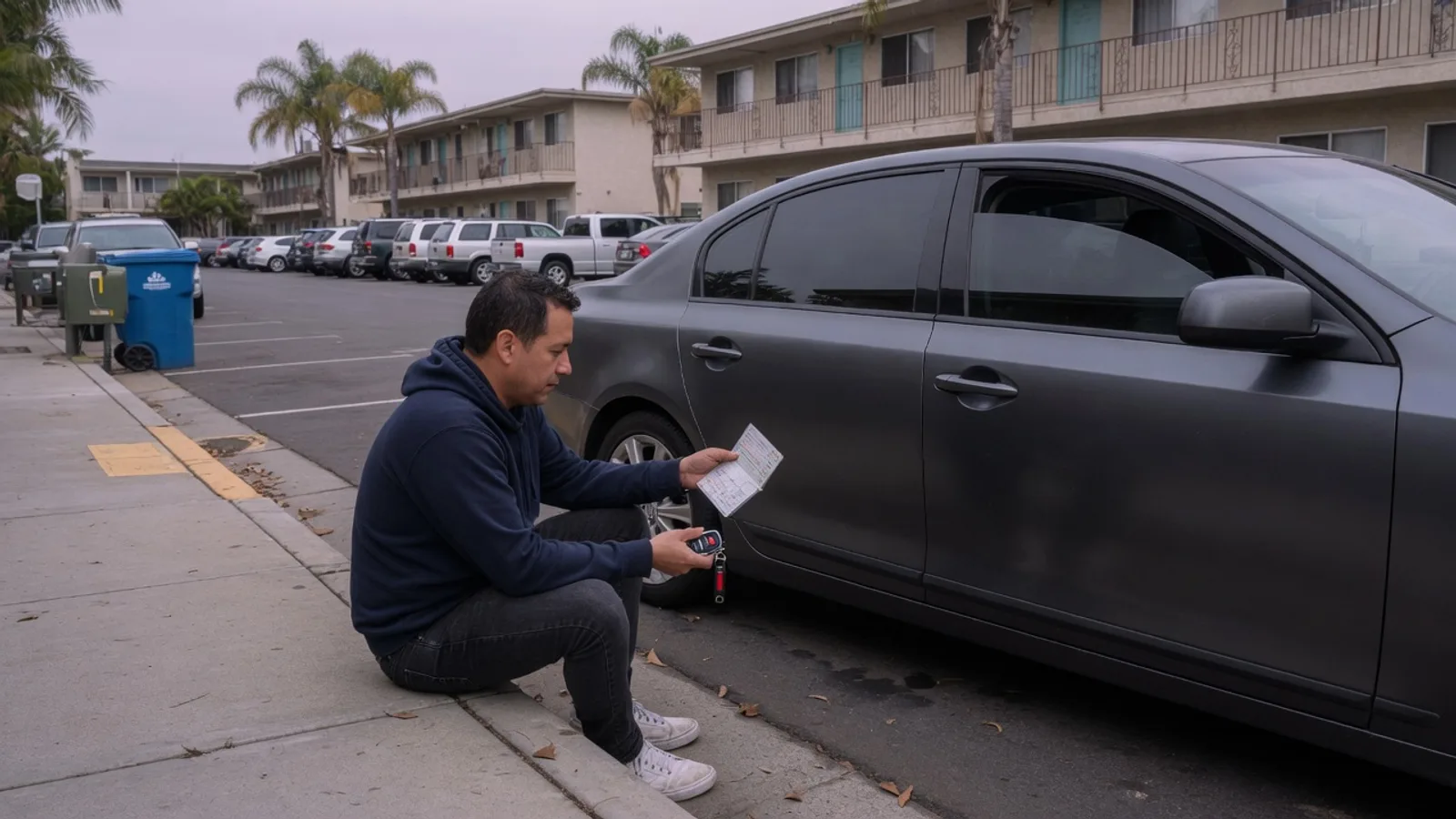 Owner comparing a key fob and a vehicle card beside a dark sedan on a San Diego apartment street