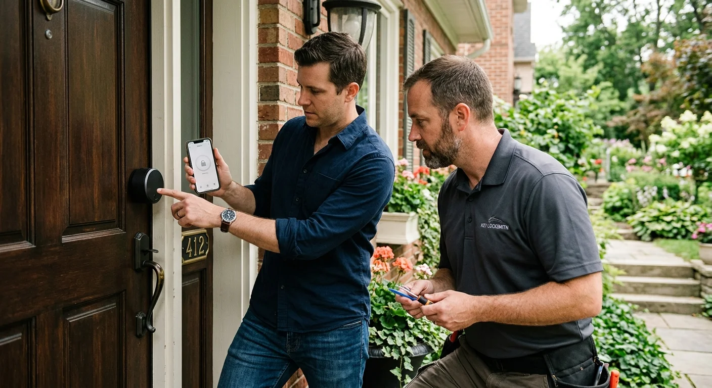 A homeowner checking an unresponsive August smart lock and phone app