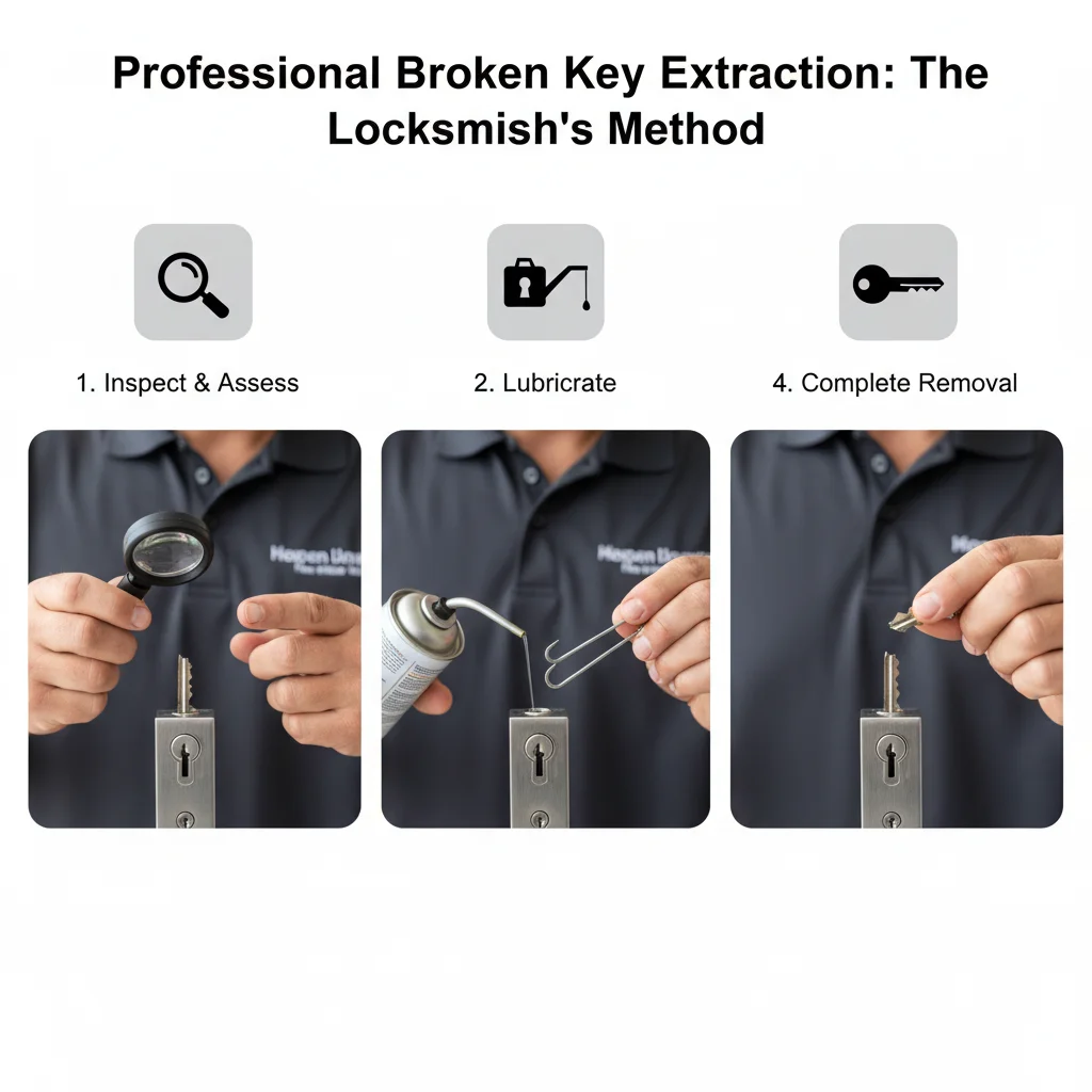 Infographic detailing the safe, non-destructive steps a professional locksmith takes to extract a broken key from a lock cylinder, using specialized tools and lubricants.