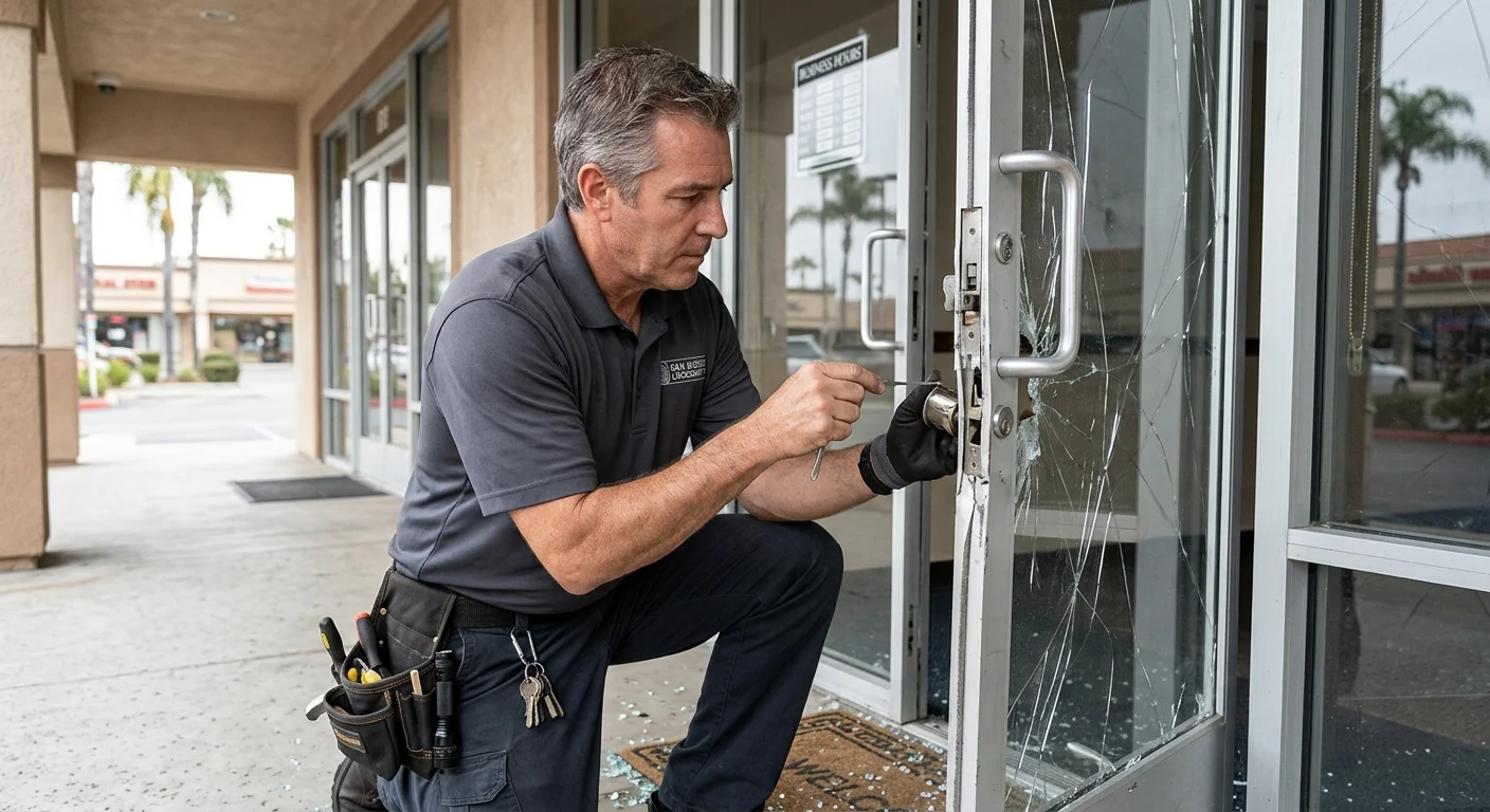 A business owner and locksmith inspecting damage around a commercial door lock in San Diego