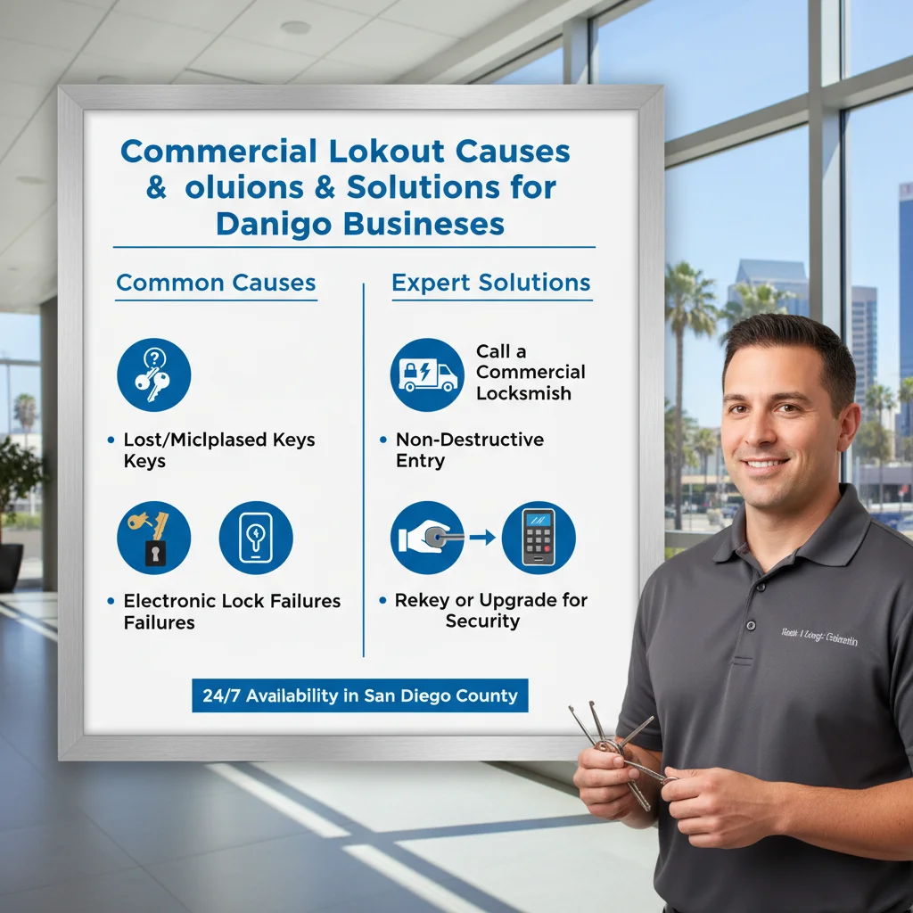 Infographic detailing common reasons for commercial lockouts, like lost keys or electronic failures, and the importance of hiring a specialized commercial locksmith for San Diego businesses.