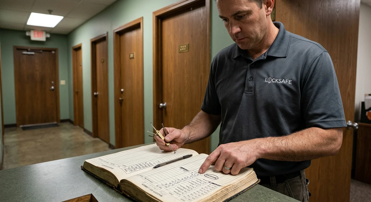 Business manager reviewing a key log after a master key goes missing