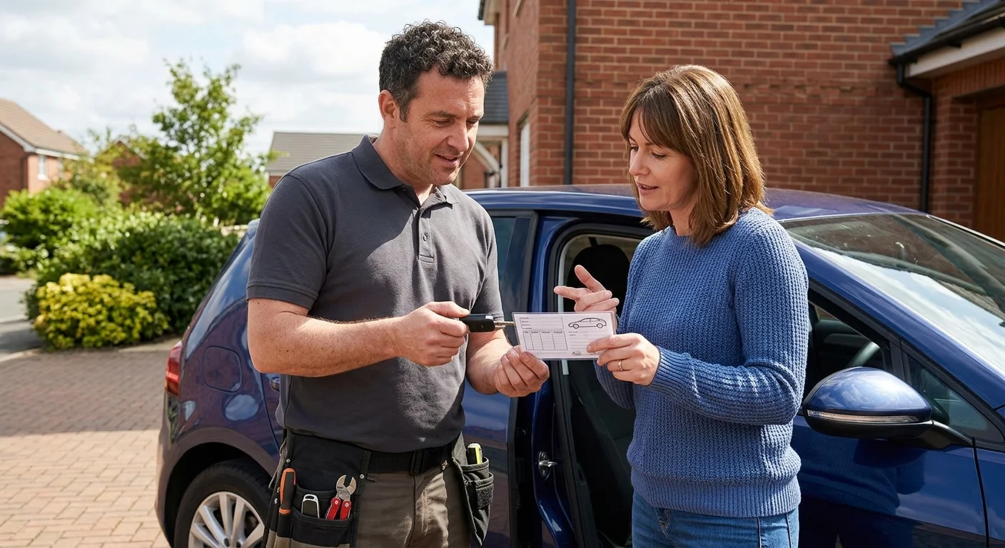 A car owner comparing vehicle information and a key fob with a locksmith