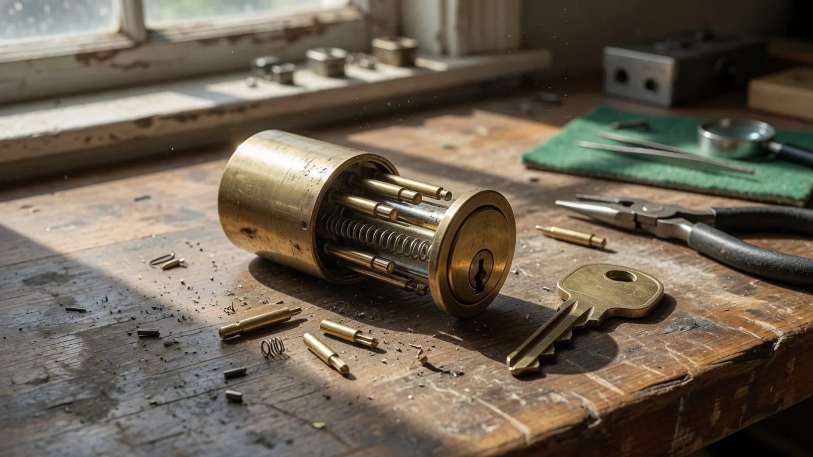 Schlage deadbolt cylinder and house key on a neutral surface