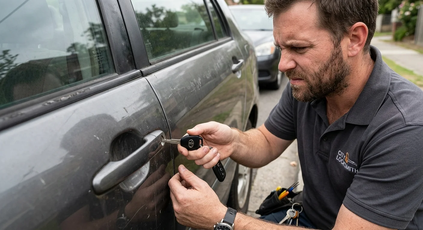 A close-up, slightly frustrated photo of a person trying to insert a car key into a door lock that is clearly not turning.