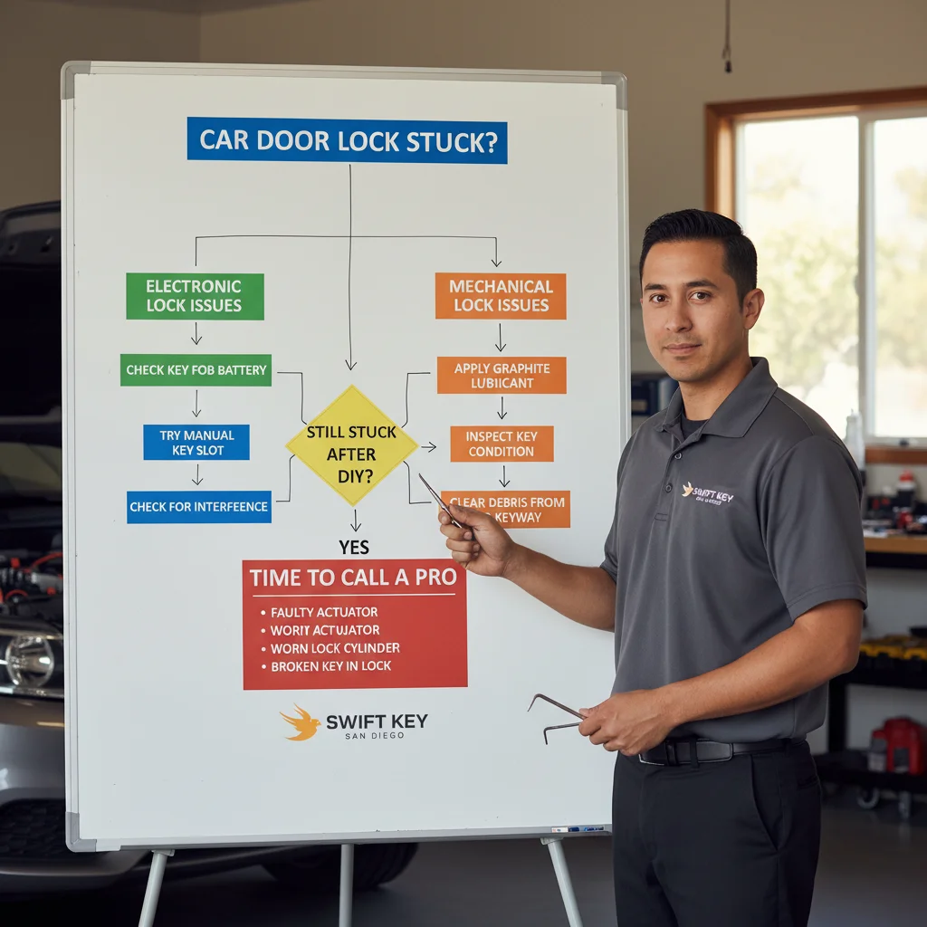 Infographic outlining common car door lock issues, initial DIY troubleshooting steps, and reasons to contact a professional locksmith.