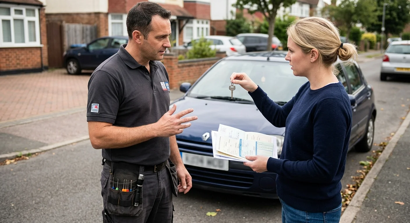 Vehicle owner discussing a missing car key with an independent locksmith