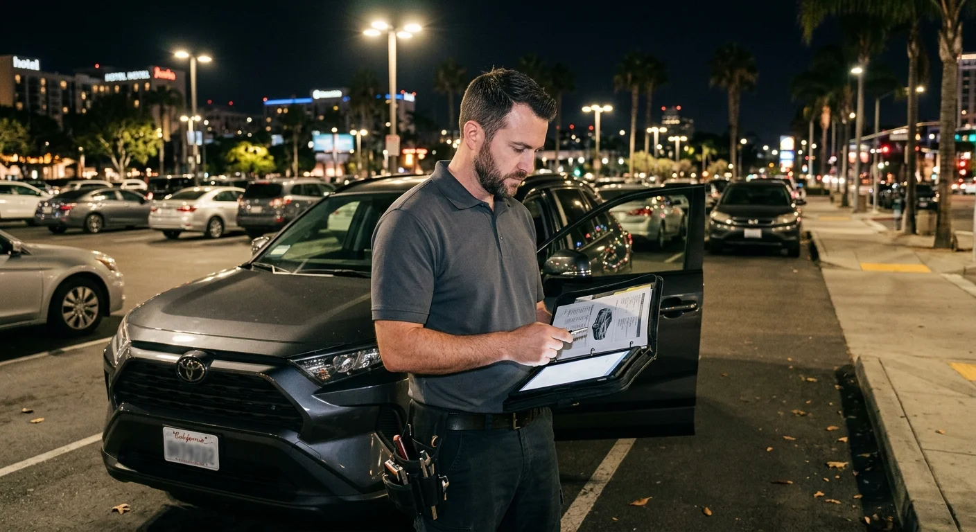 Driver checking vehicle information beside a parked car after dark