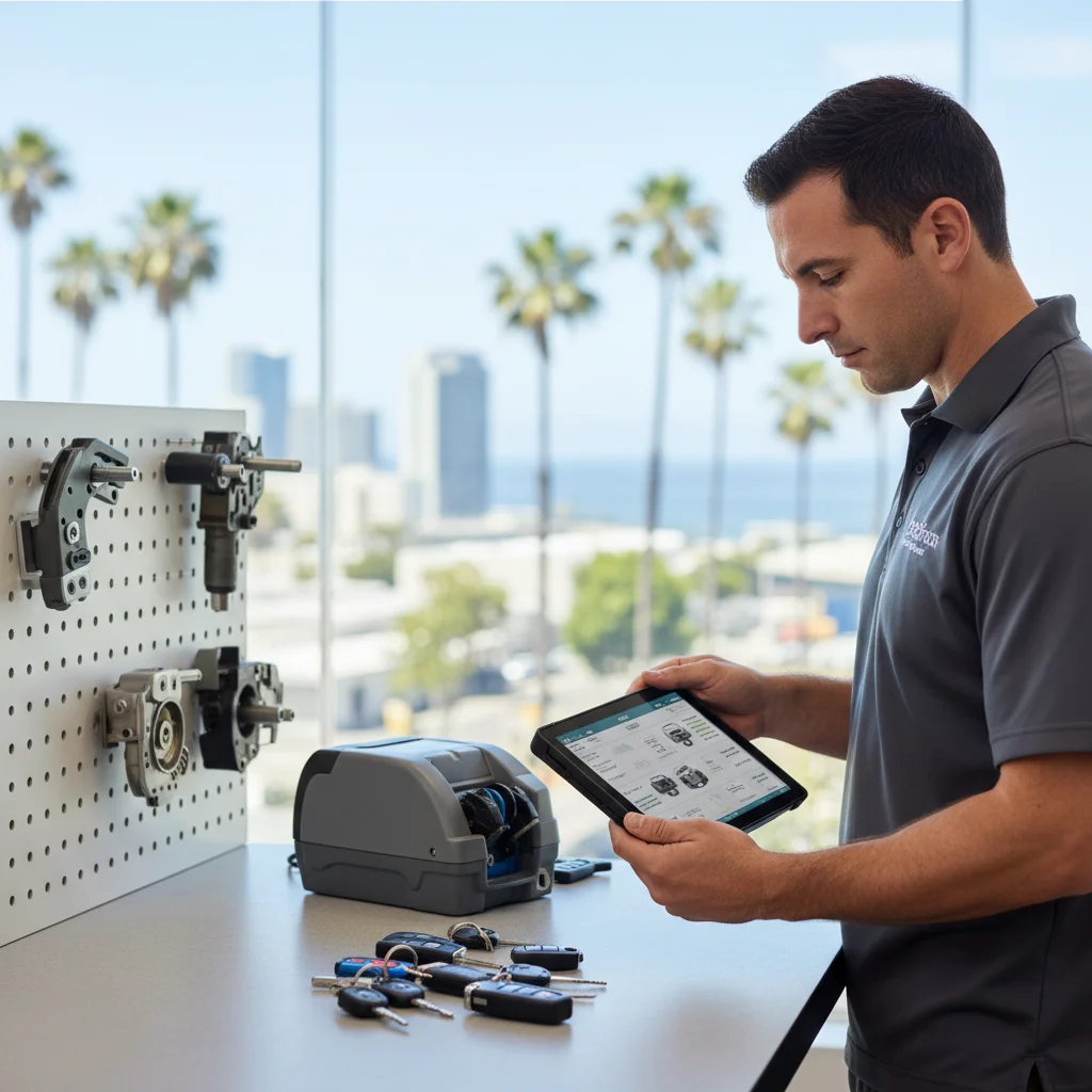 Mobile locksmith programming a new car key fob outside a San Diego home