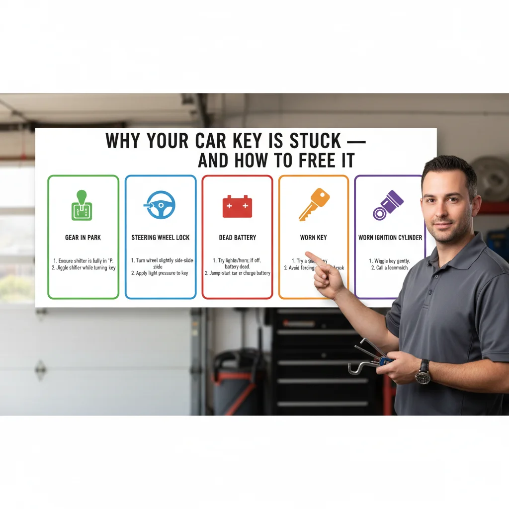 Infographic illustrating the top reasons a car key gets stuck in the ignition and the corresponding troubleshooting steps.