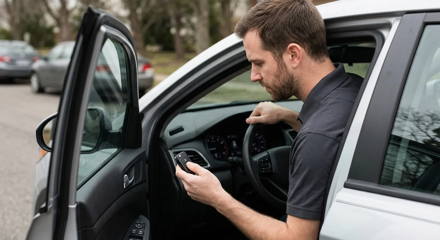 Driver holding a car key beside a vehicle that will not start