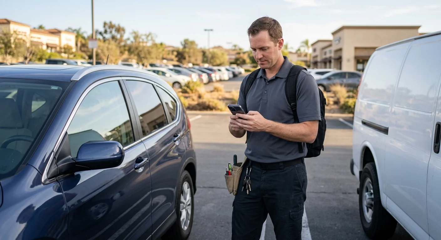 A driver checking a phone beside a locked car in Rancho Bernardo