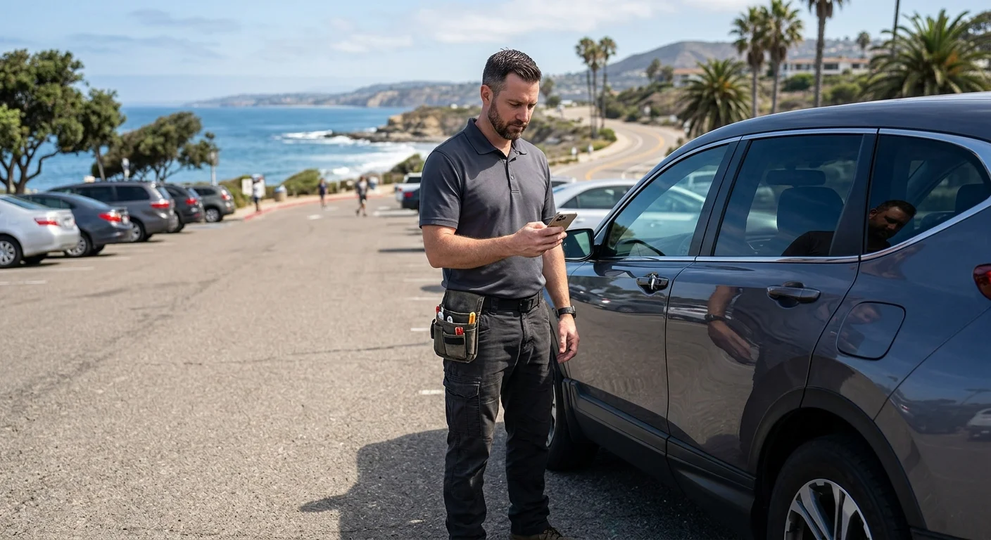 A driver checking a phone beside a locked car at a San Diego beach lot