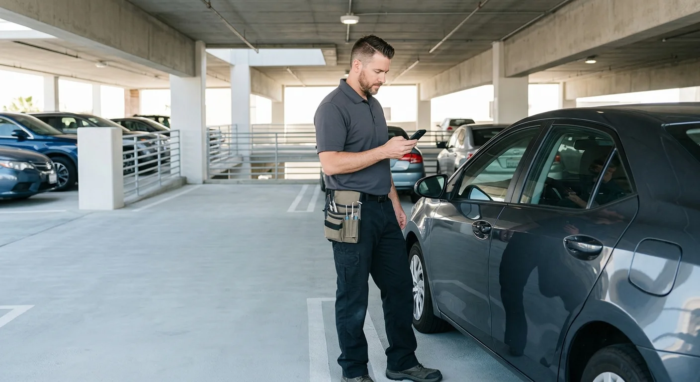 Driver checking a phone beside a locked car in a San Diego parking garage
