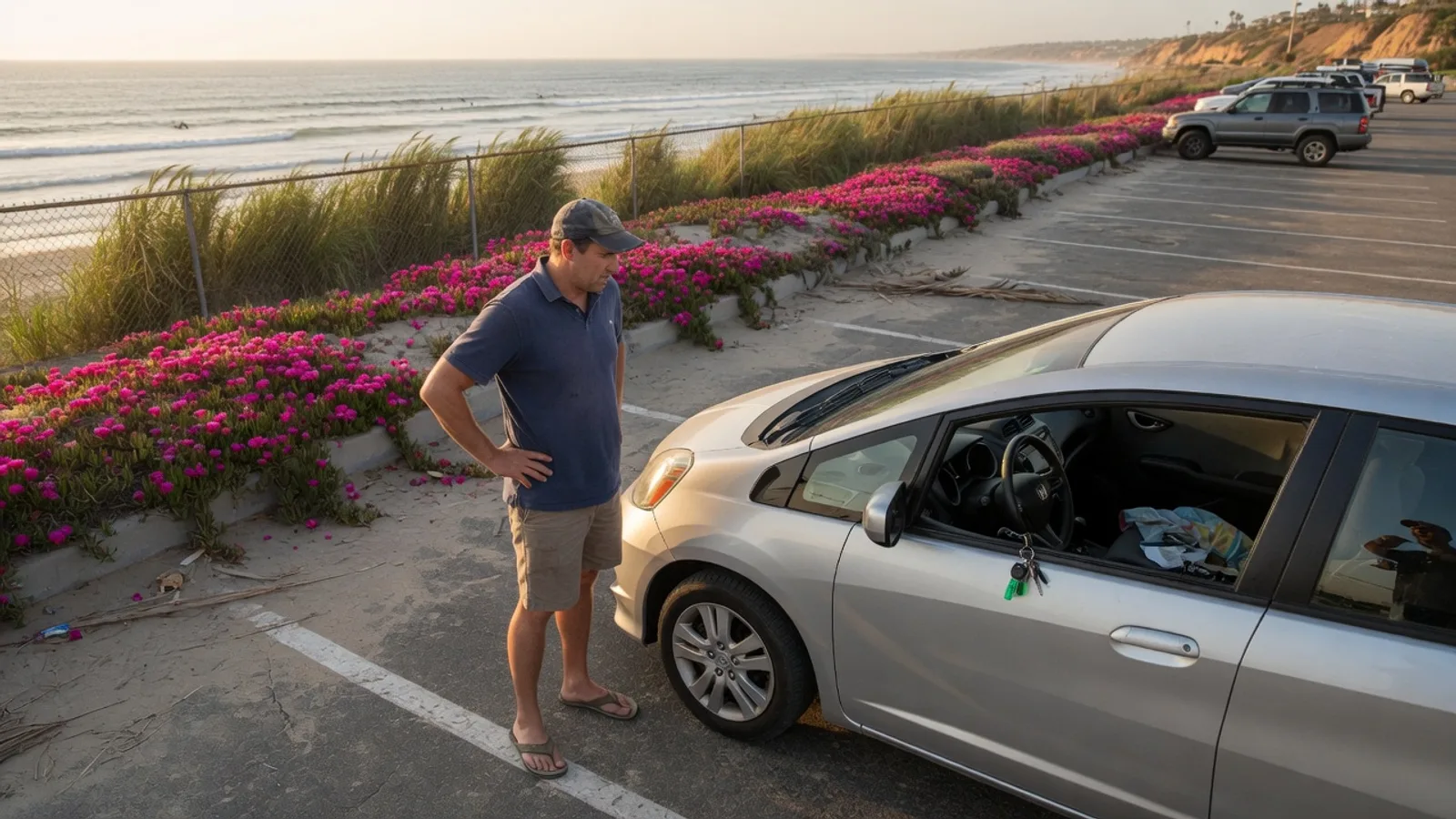 Driver checking a phone beside a locked car in Carlsbad