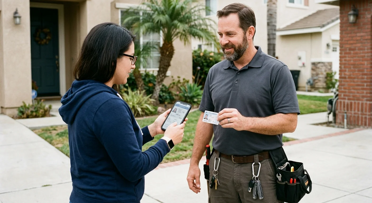 A San Diego customer comparing a locksmith's identification with a license record on a phone