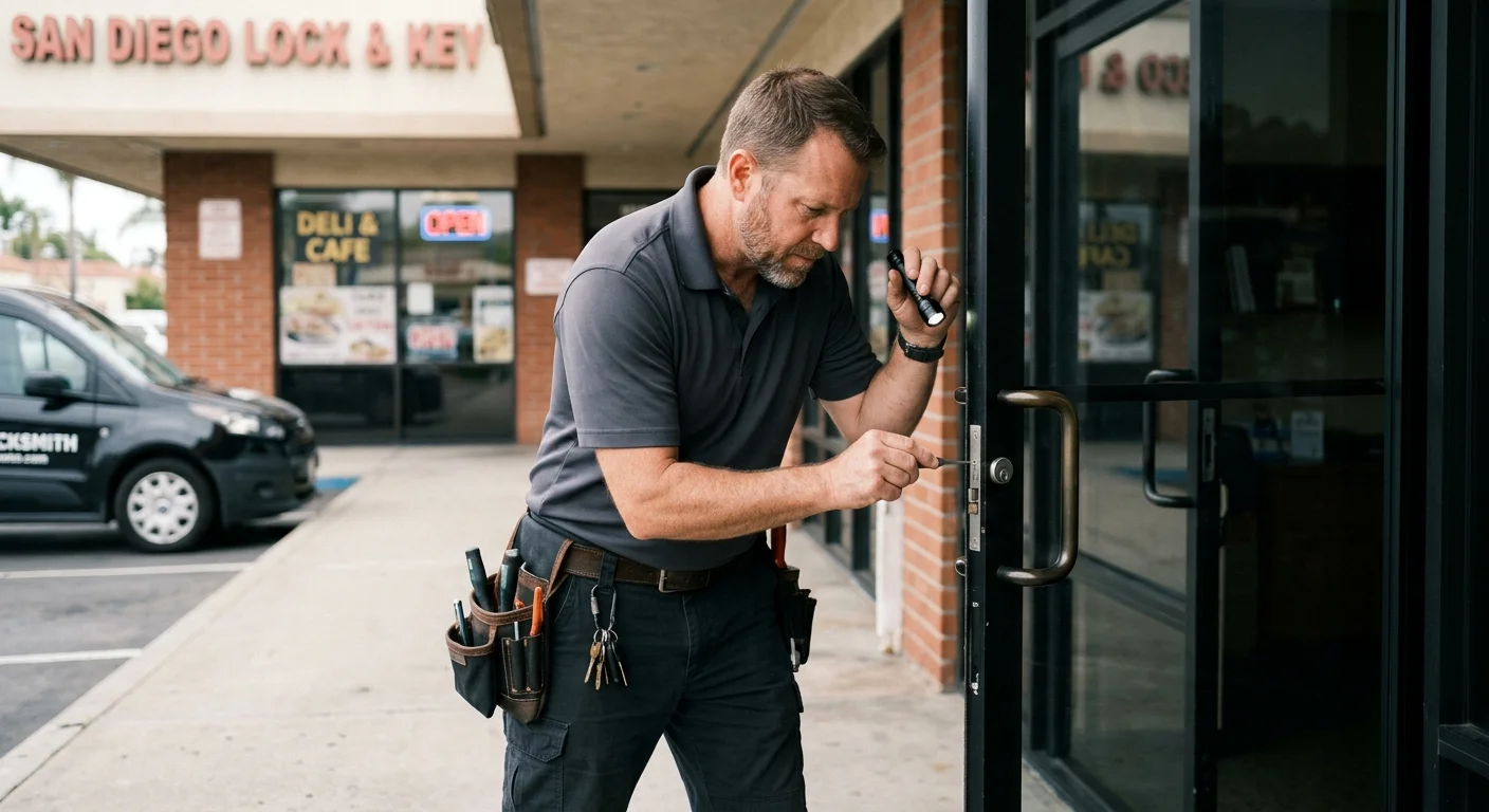 A business owner and locksmith inspecting an open commercial door