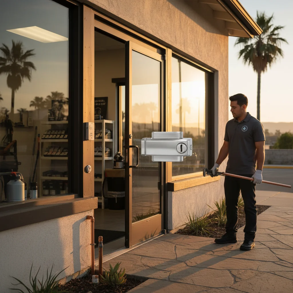 Exterior of a small commercial storefront in San Diego at golden hour, glass door with a commercial-grade deadbolt, clean and professional