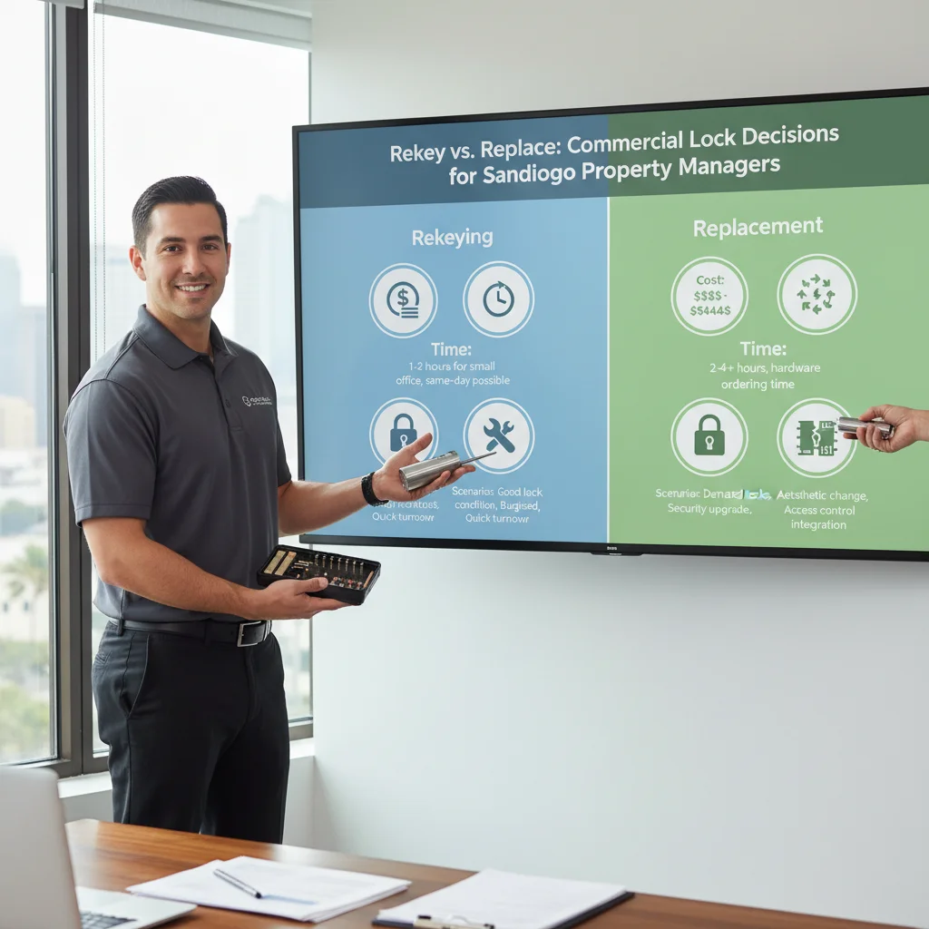 Key decisions for San Diego commercial landlords: comparing rekeying benefits, costs, and timing against full lock replacement during tenant turnovers.
