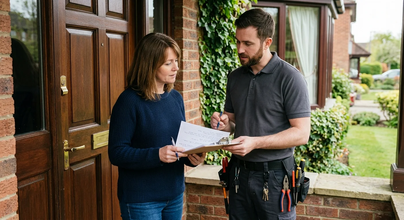 A customer reviewing a written locksmith job scope with an independent locksmith