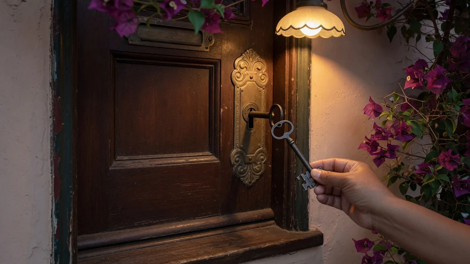 Hand holding an antique skeleton key beside a mortise lock on a San Diego bungalow door
