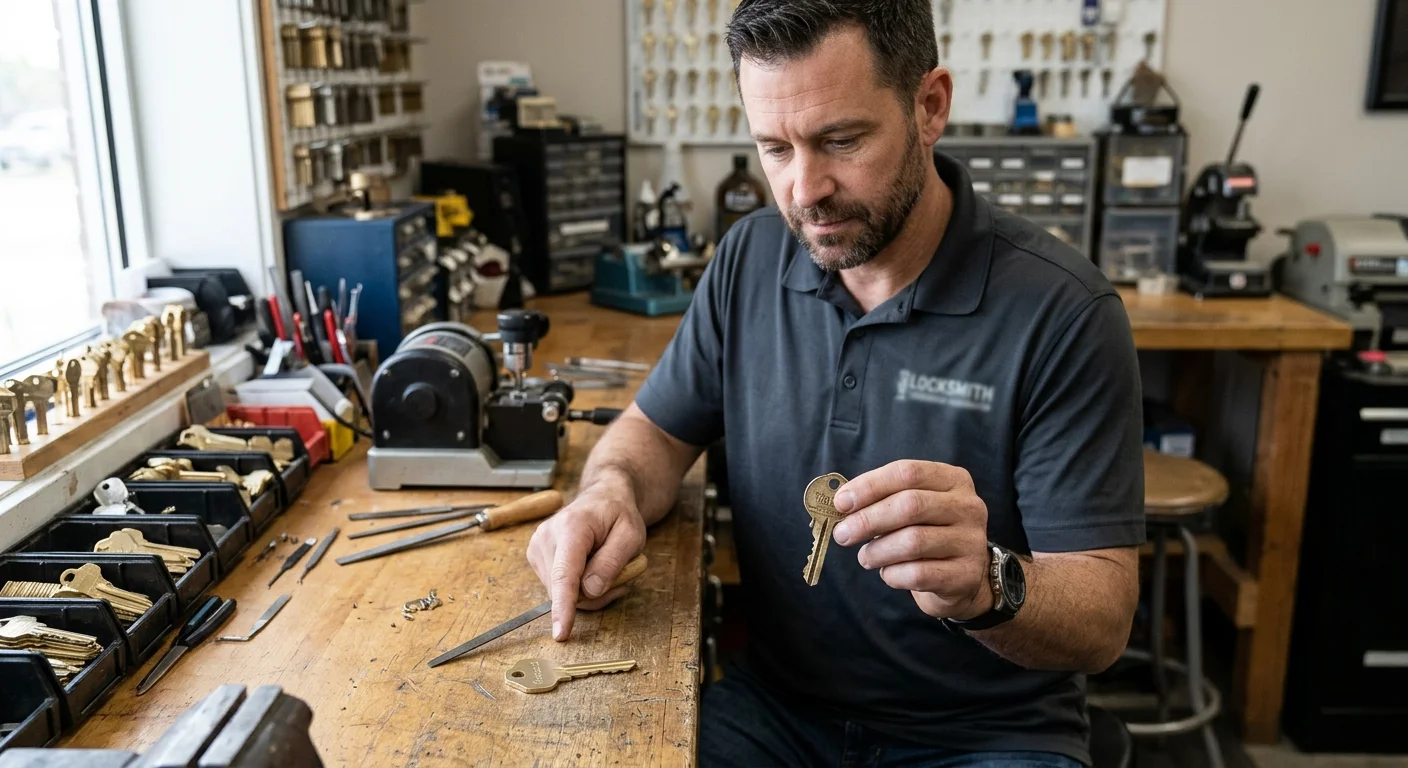 Stamped house key and blank reviewed by an independent locksmith, identifying marks blurred