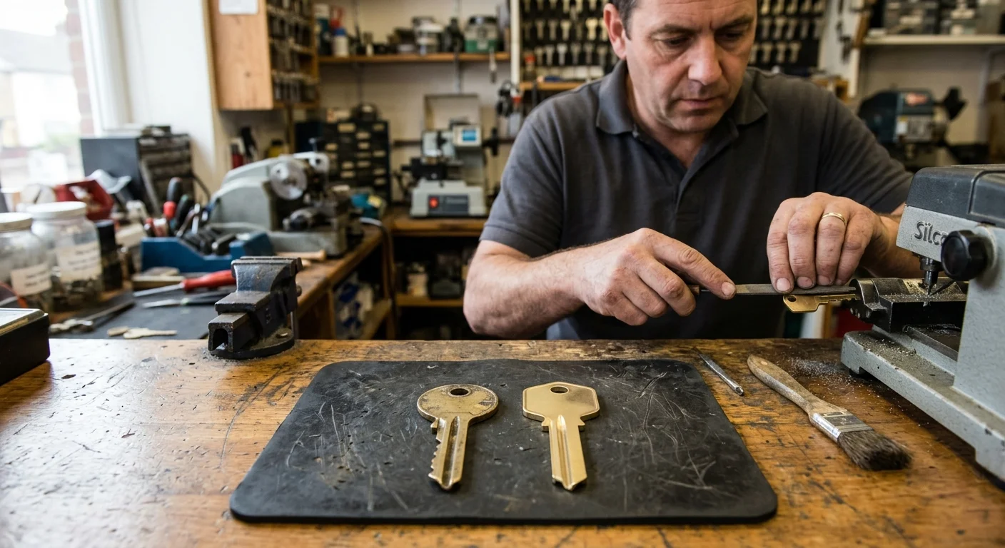 A worn house key beside a cleaner reference key