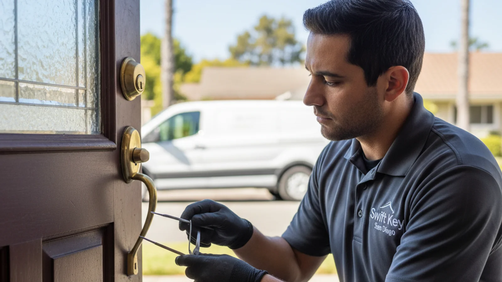Homeowner at their front door in San Diego handing a locksmith a completed invoice after a lockout service call