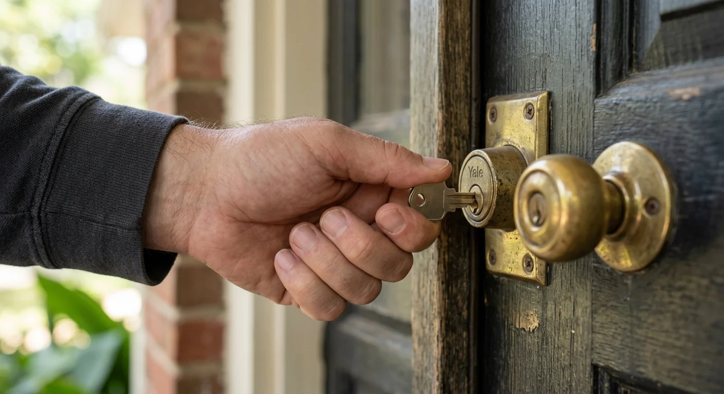 Hand turning a key in a residential entry door lock
