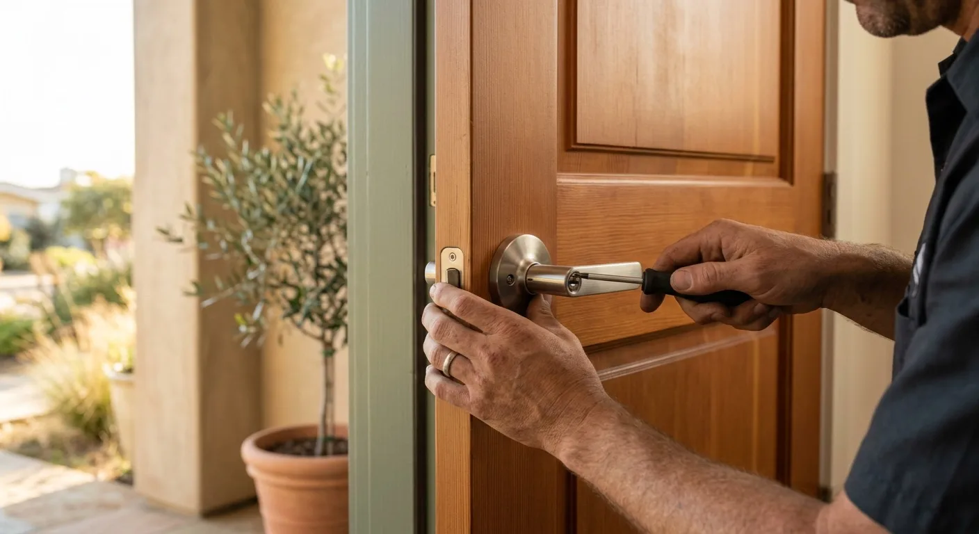 Las manos de un cerrajero instalando una manija tipo palanca de níquel cepillado en una puerta principal residencial en San Diego.
