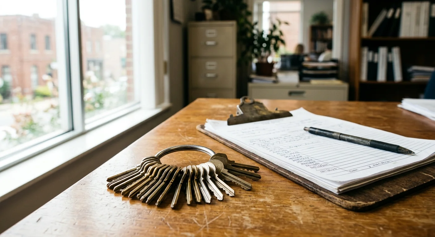 Commercial door keys resting beside a clipboard on a property manager's desk