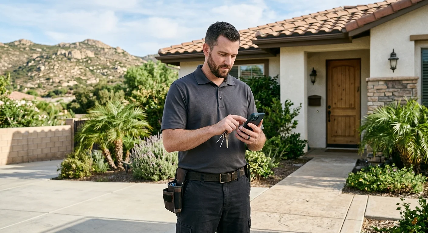 Resident outside an El Cajon home checking lockout details on a phone