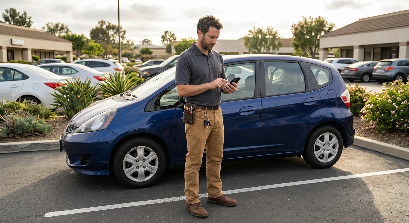 Driver standing beside a locked car in an Encinitas parking area, checking a phone