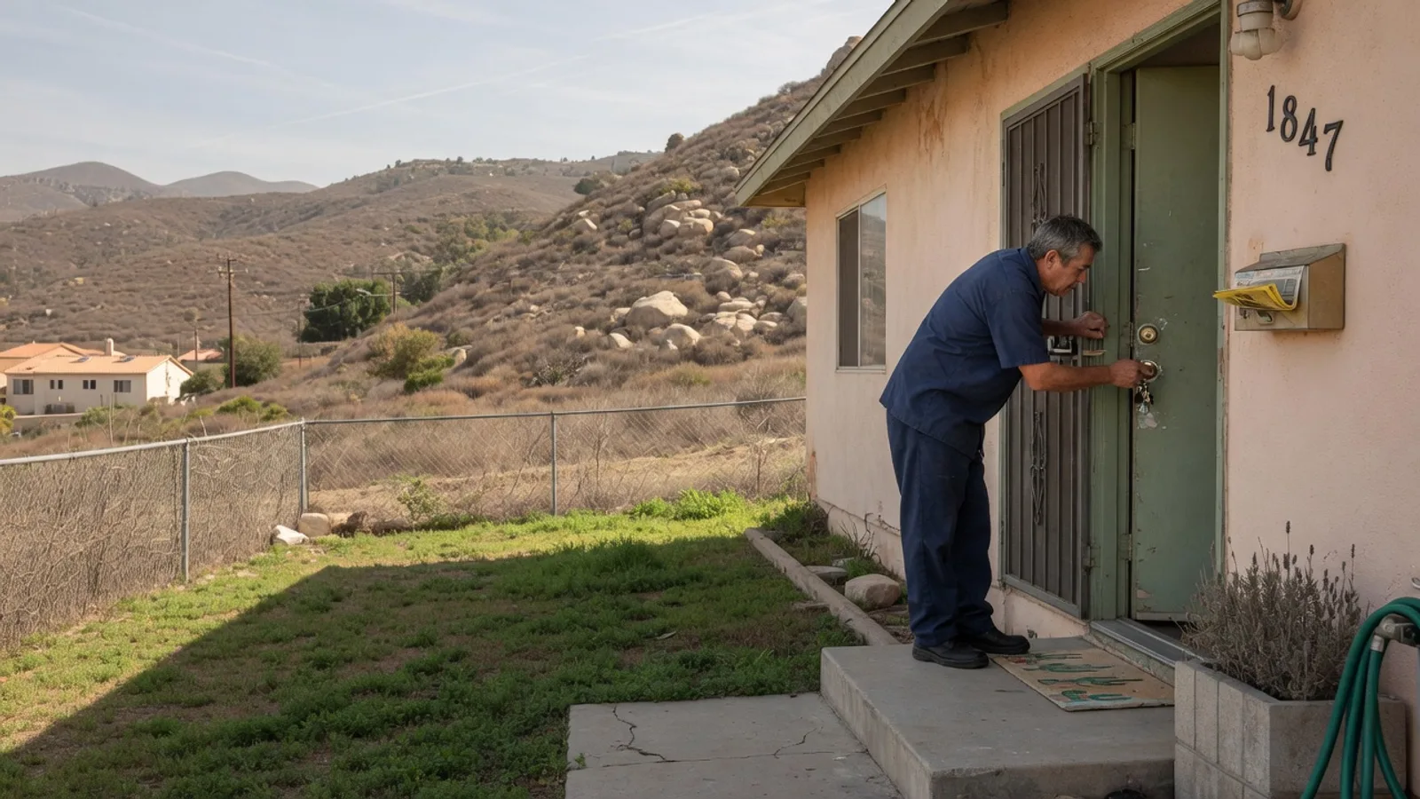 Resident outside an Escondido home reviewing entry details on a phone