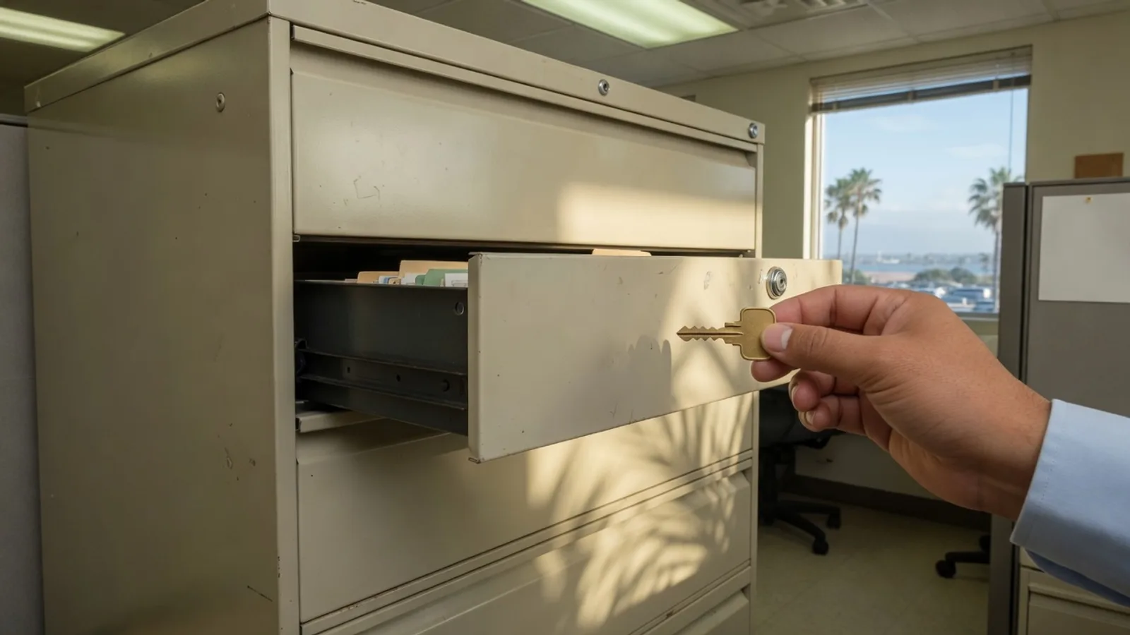 Hand holding a small cabinet key at a metal filing cabinet in a San Diego