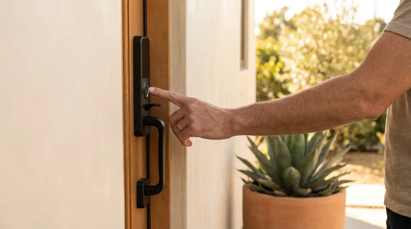 Una persona abriendo una puerta principal moderna con un lector de huella digital en el deadbolt en una casa de San Diego.