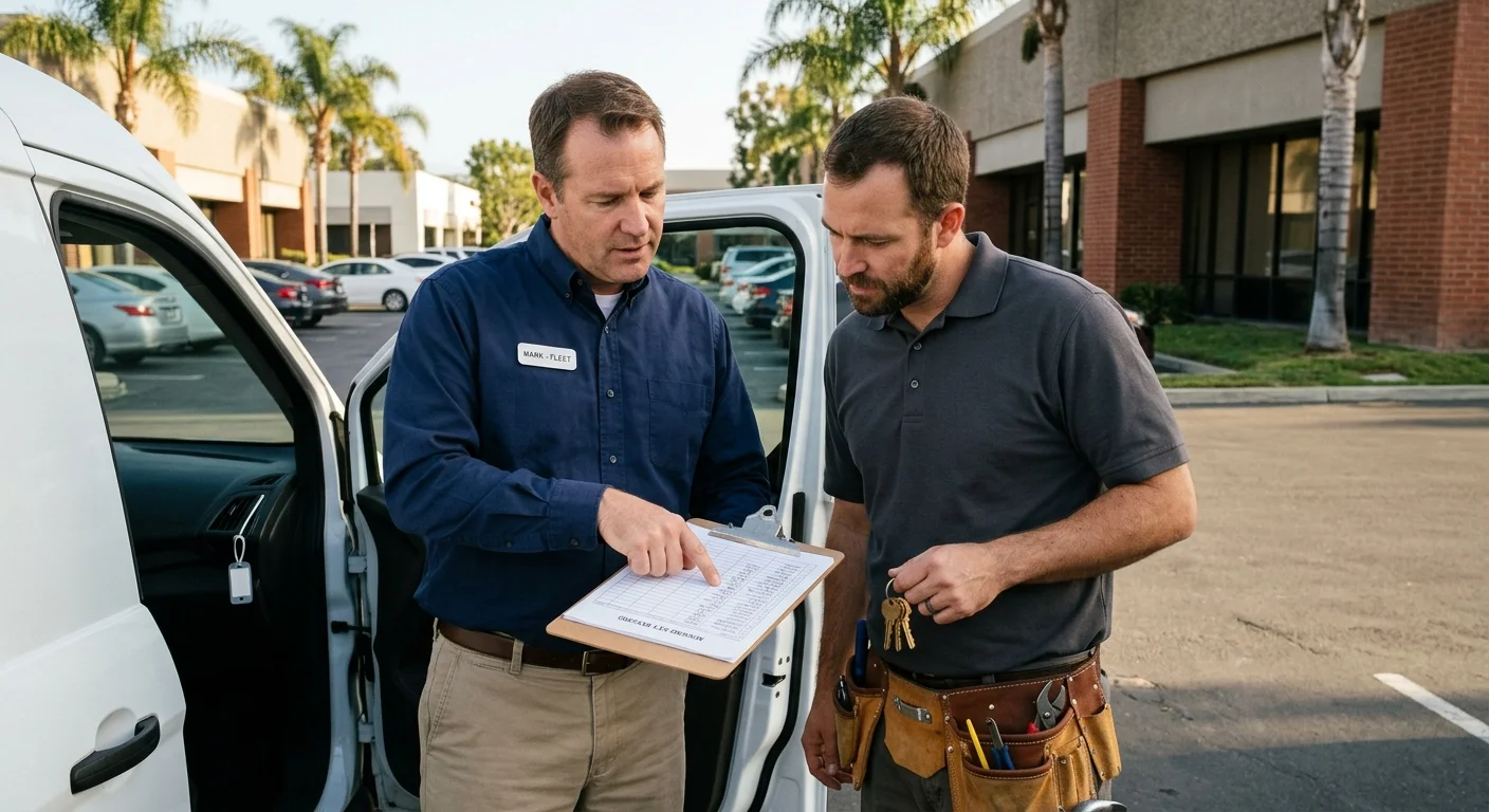 San Diego fleet manager and locksmith reviewing a parked company vehicle