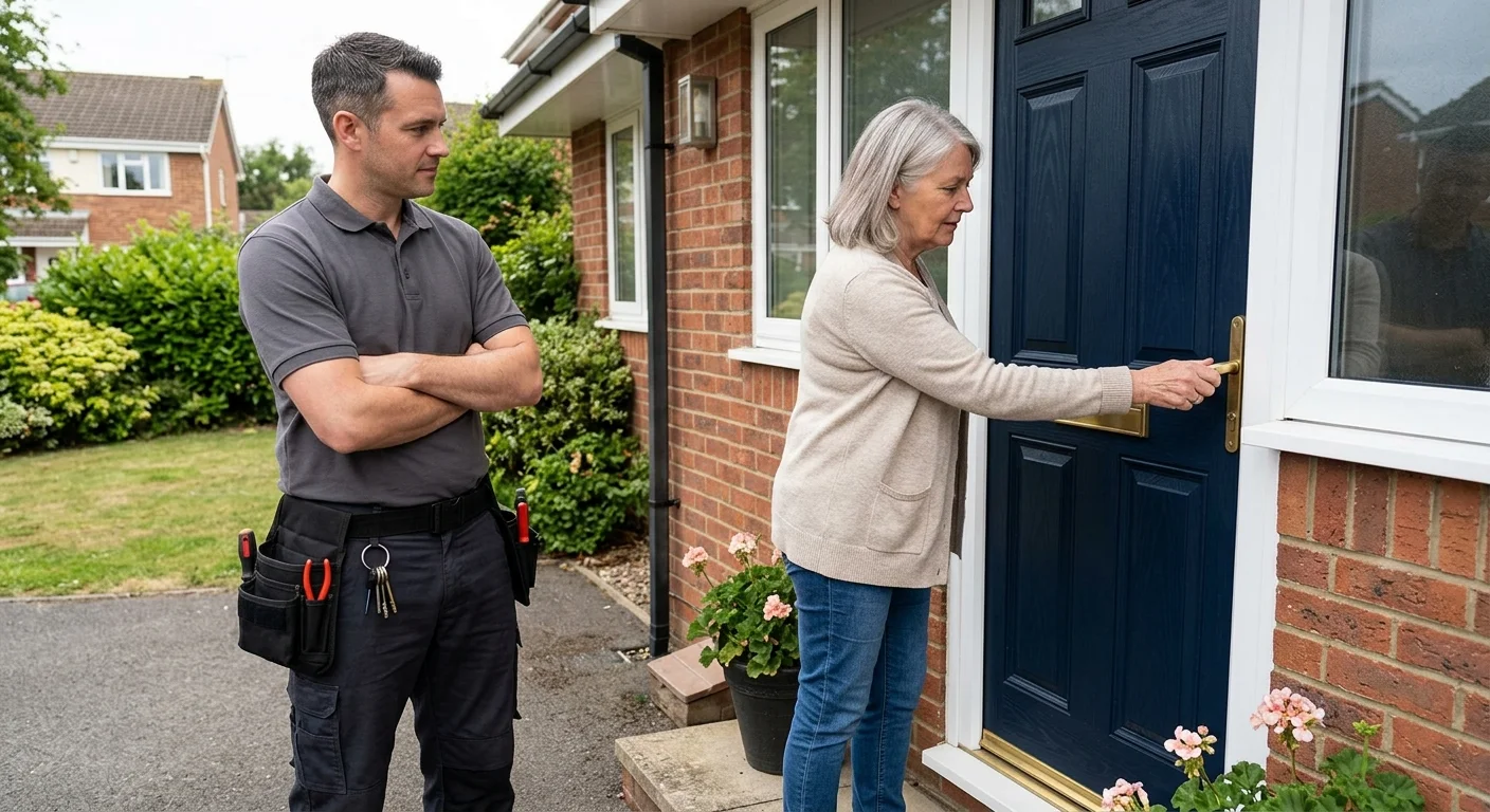Homeowner checking a closed front door while an independent locksmith observes