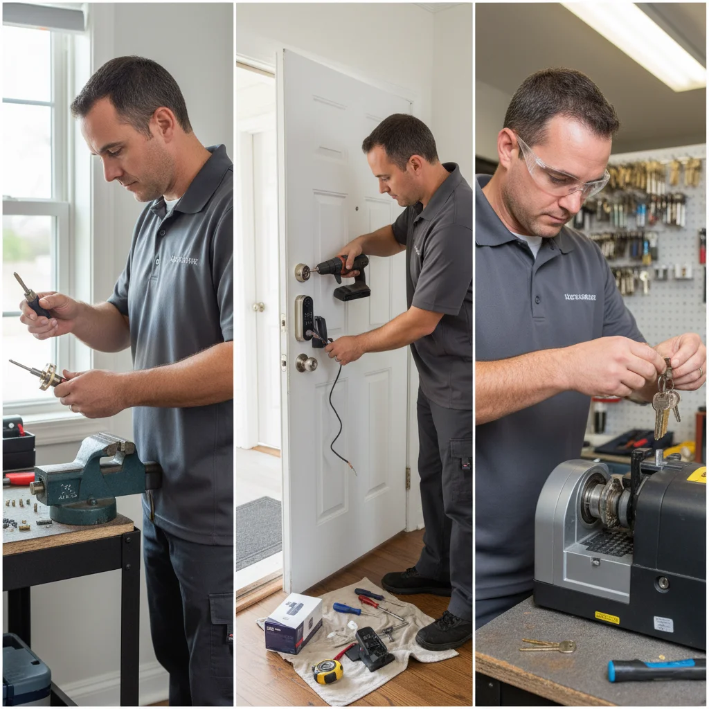 A collage showing a locksmith rekeying a lock, installing a smart lock, and duplicating a key.