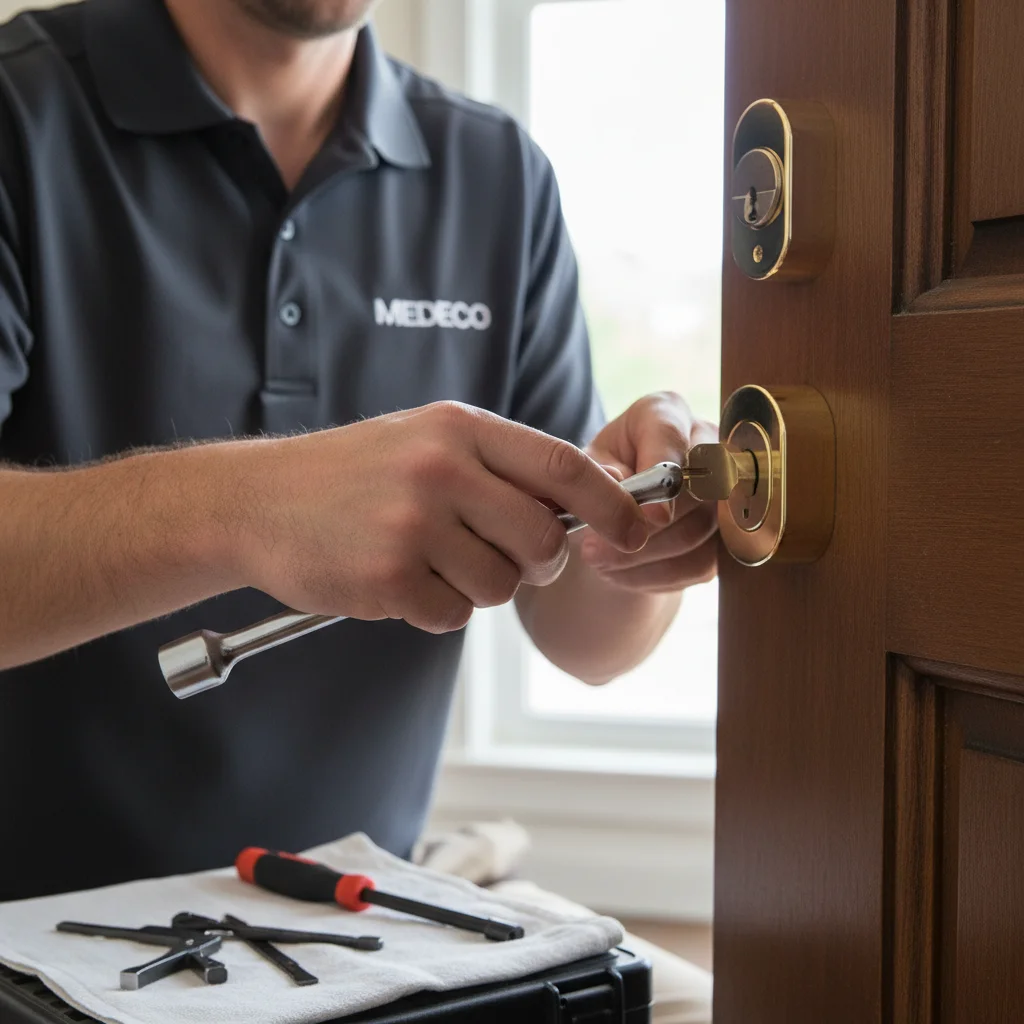 A Medeco high-security deadbolt installed on a dark wood front door in San Diego.