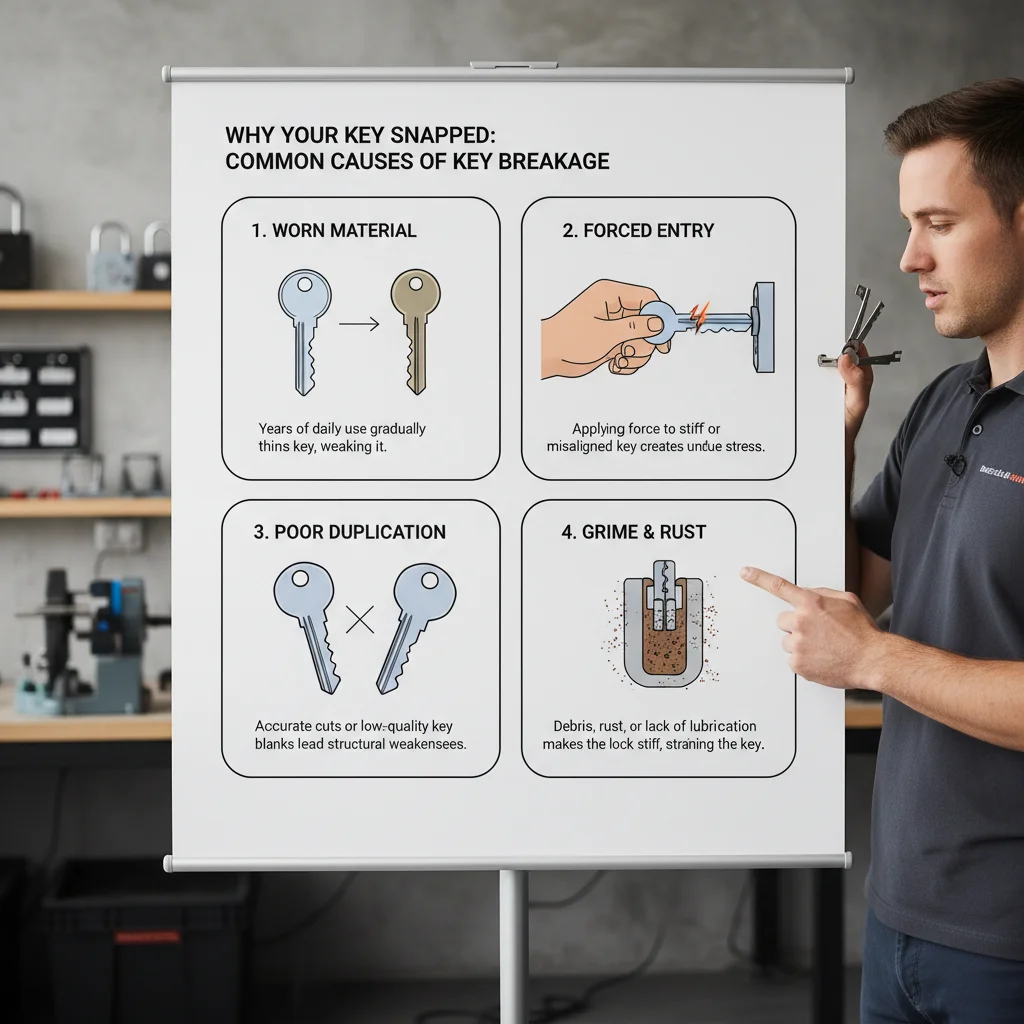 Infographic showing common reasons house keys break: wear and tear, forcing the key, poor quality material, and environmental factors like rust or debris.