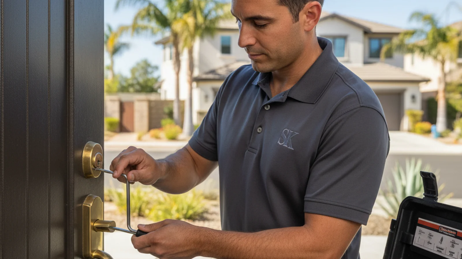 Professional locksmith using a pick set on a residential door lock in San Diego, focused and precise, daytime, clean composition