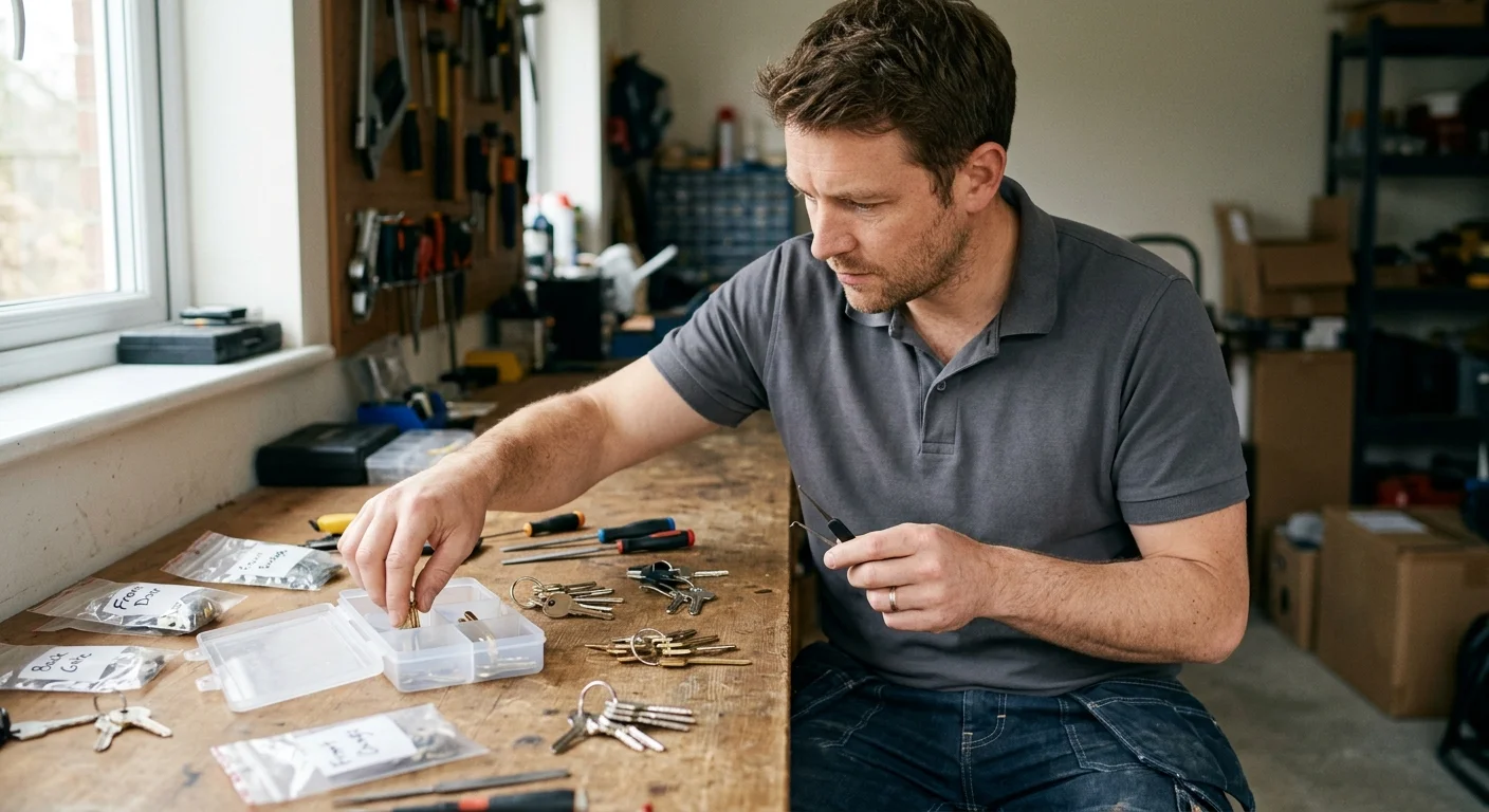 A homeowner organizing unmarked house keys for authorized household members