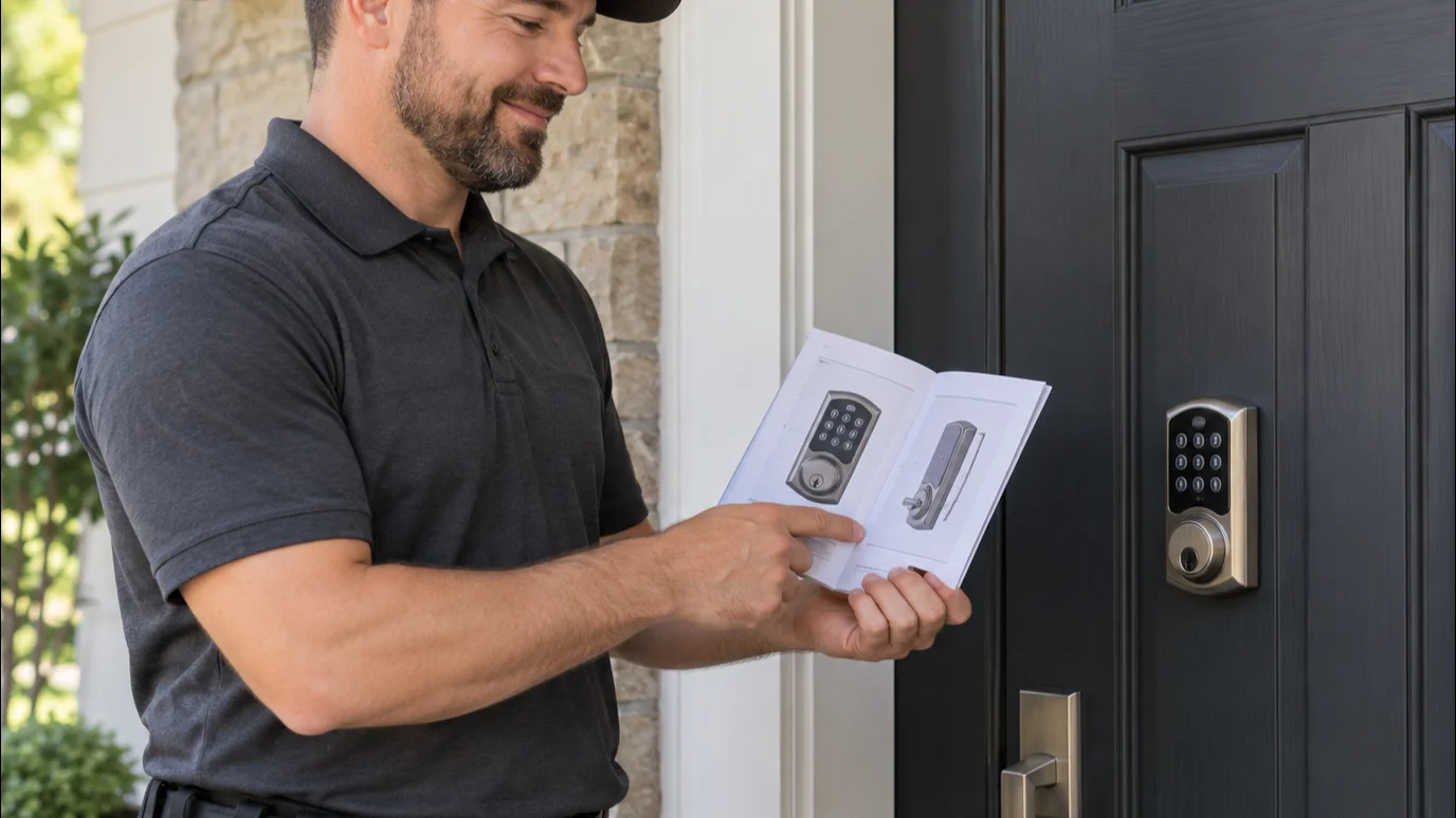 A homeowner checks a Schlage keypad manual beside a closed front door